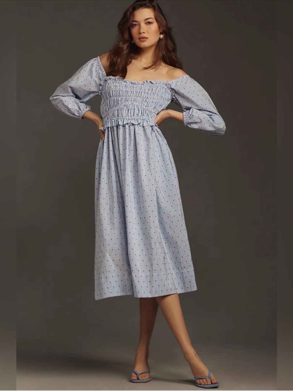 Maeve Anthropologie Smocked Striped Midi Dress Embroidered Polka Dot Size Medium